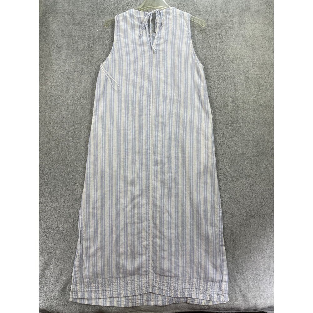 Sigrid Olsen Dress Women Large Blue Striped Linen Sleeveless Midi Shift Slits - Picture 7 of 11